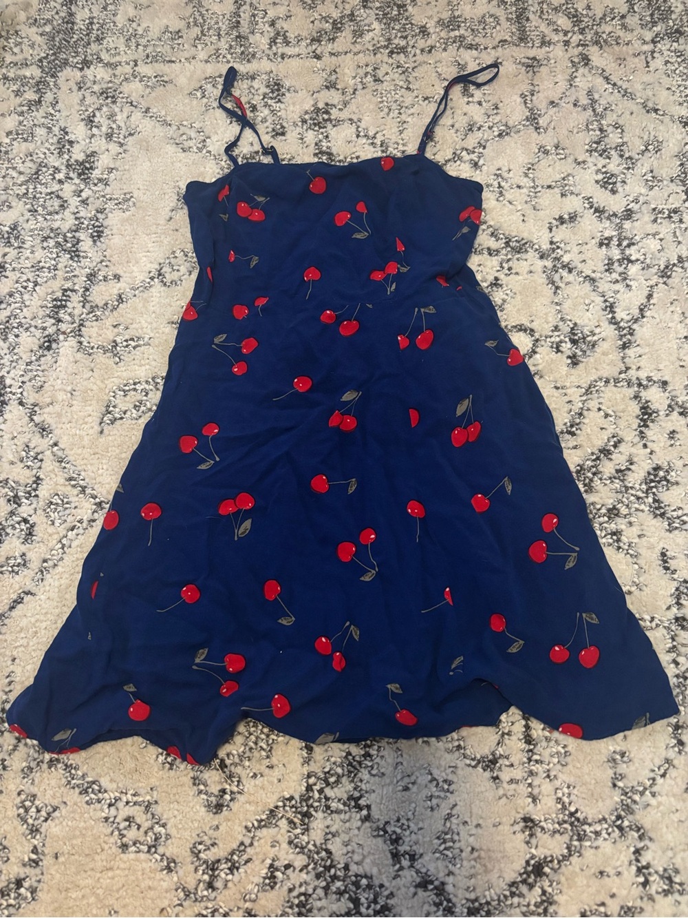 Navy Blue Cherry Print Mini Dress with Adjustable Straps
